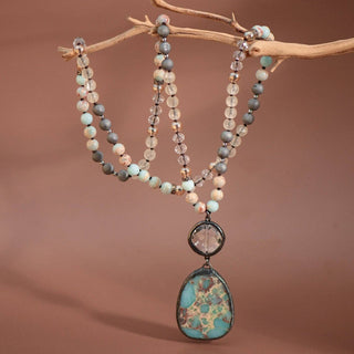 Hey Beautiful – Natural Stone Beaded Necklace with Statement Pendant – Boho Long Layering Necklace