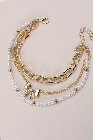 Hey Beautiful – Gold Bow & Pearl Bracelet Set – 3 Piece Layering Bracelet Stack