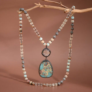Hey Beautiful – Natural Stone Beaded Necklace with Statement Pendant – Boho Long Layering Necklace