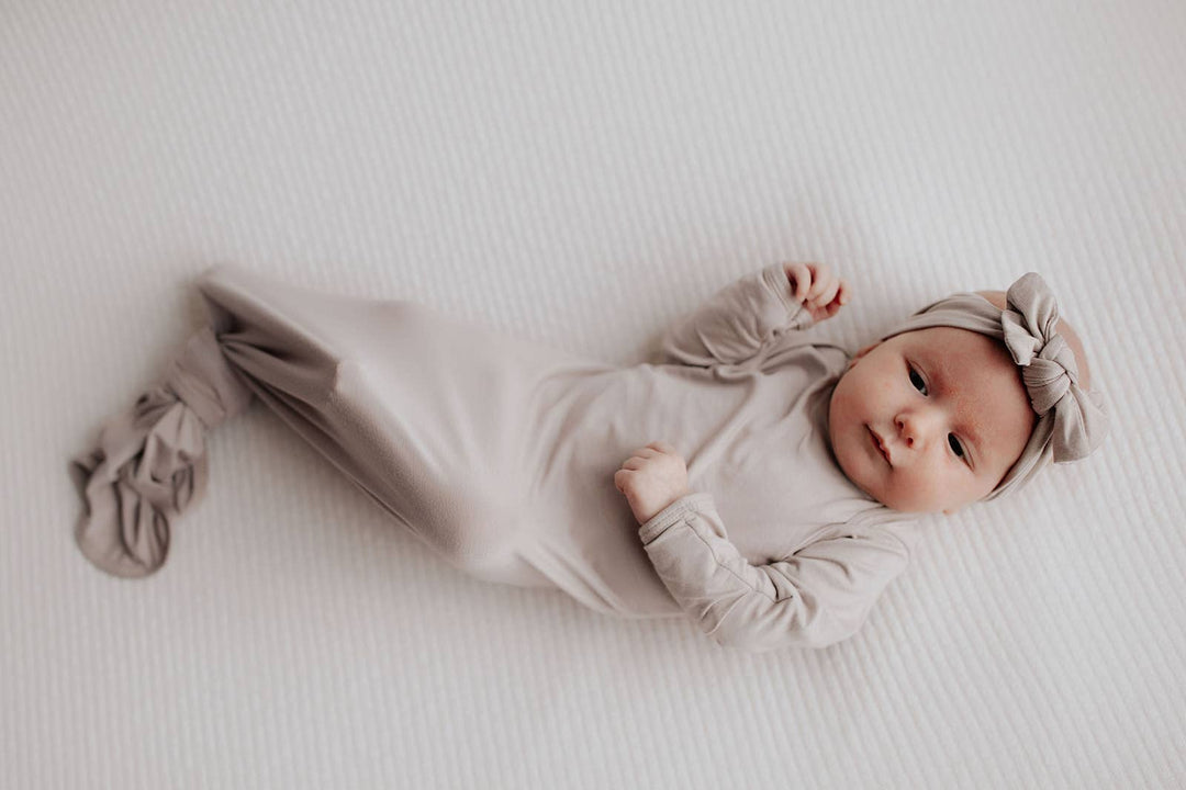 Bamboo Harbor Mist Taupe Knotted Gown: Gown & Hat