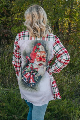 Christmas Morning plaid flannel with vintage Santa printed silky back panel