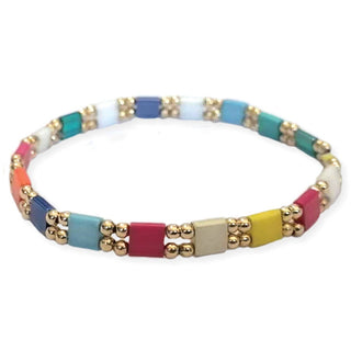 Rainbow tile bead stretch bracelet on white background