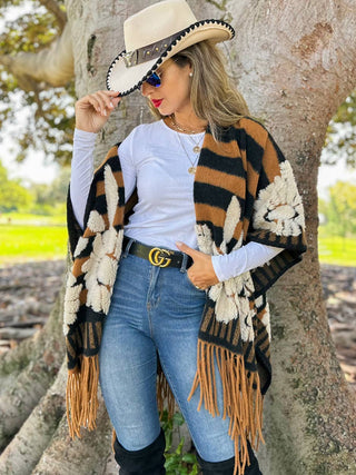 Apple Orchard open-front ruana in camel and black stripes with ivory 3D floral applique and fringe hem