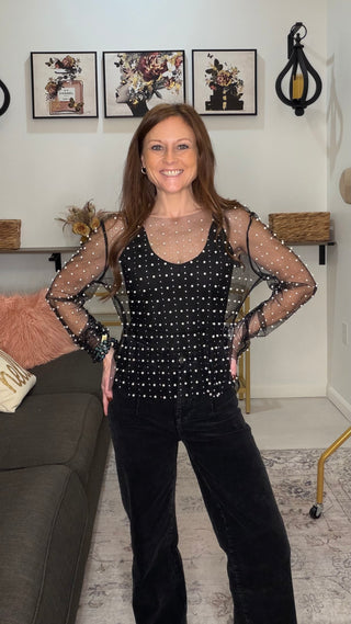 Champagne Toast Pearl Beaded Mesh Top