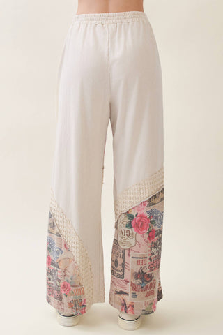 Faded Romance Collage Print Wide-Leg Pants – Cream (Pants Only)