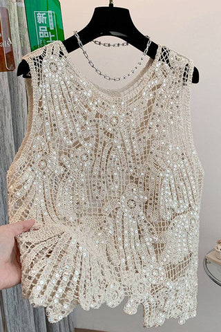 Women's Crochet Embellished Sleeveless Tank Top – Beige