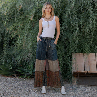 Free Spirit Patchwork Denim & Lace Wide-Leg Pants – Boho Western Style