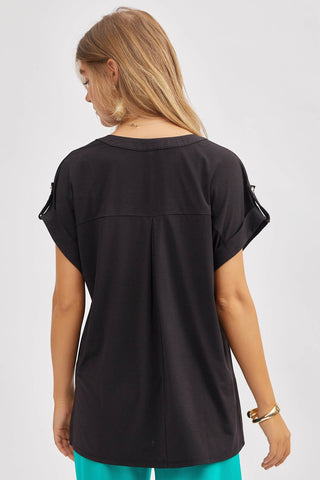 Dear Scarlett Dolman Sleeve Mandarin Collar Lizzy Top – Navy & Black