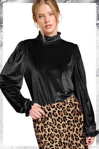 Holiday Magic velvet puff sleeve top in Midnight Sleigh black