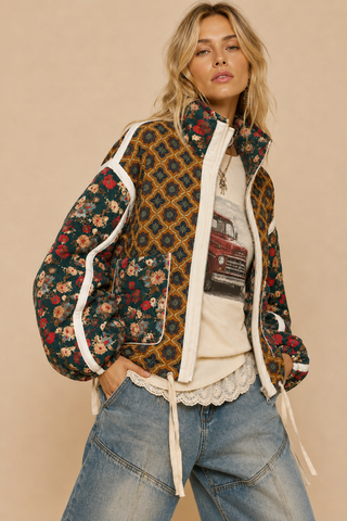 Front Porch Patchwork Bomber worn open over a white tee and light jeans