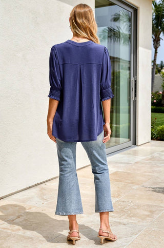 Women's Smocked Mandarin Collar 3/4 Sleeve Top
