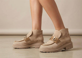 Beige Buckle Loafer Ankle Boots | Women's Faux Suede Booties