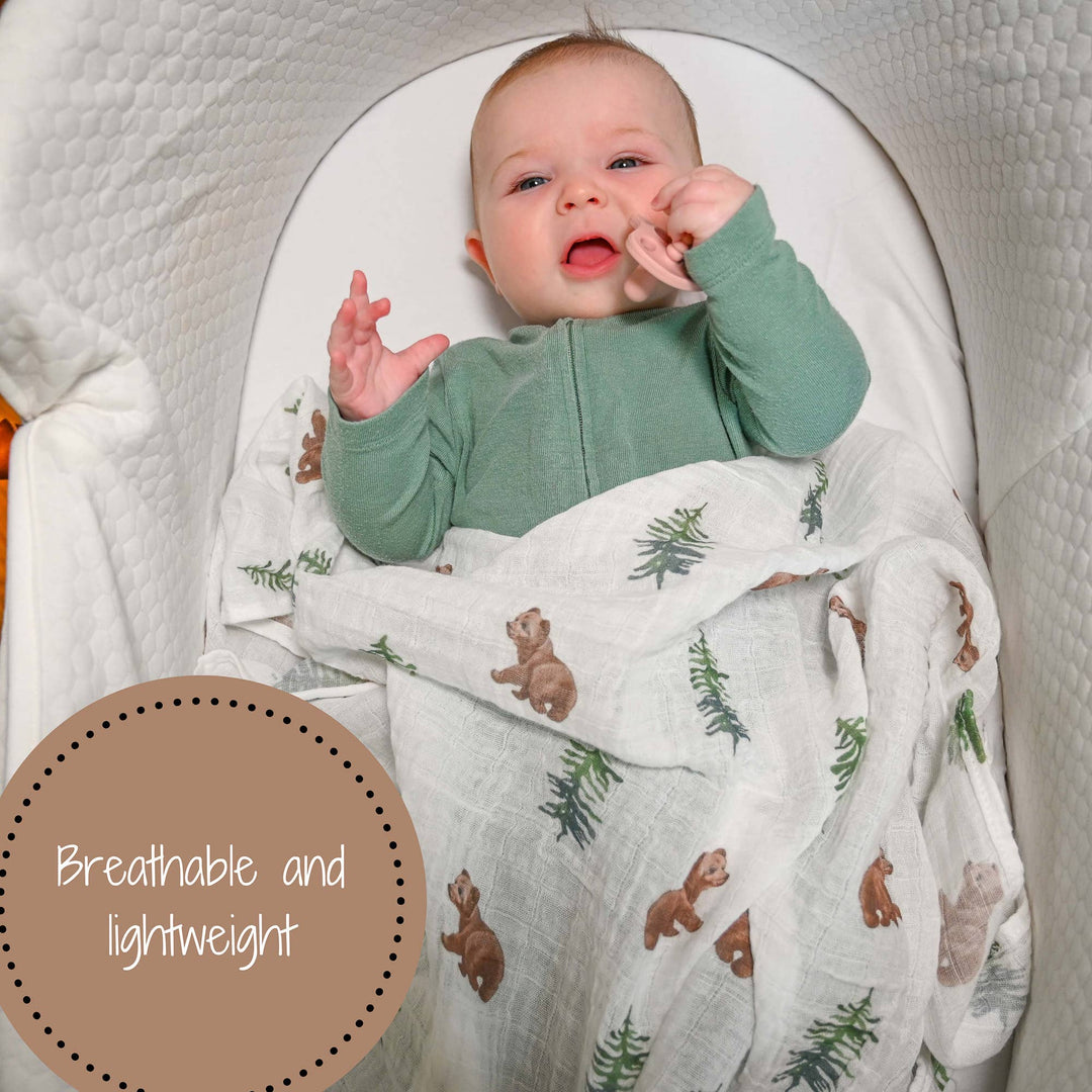 Bear Cub and Evergreen Trees Muslin Swaddle Baby Blanket