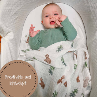 LollyBanks Bear Cub & Evergreen Trees Muslin Swaddle Blanket