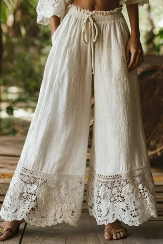 Women's Lace Trim Wide-Leg Pants – White