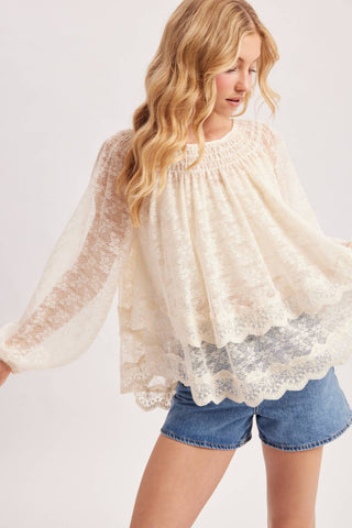 Bluivy | Layered Lace Tie-Front 2-Way Blouse | Cream