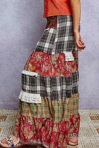Rosewood Plaid patchwork ruffle wide leg pants
