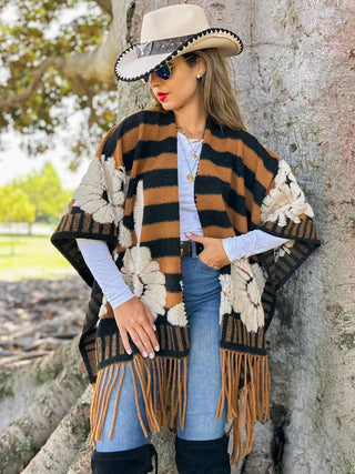 Apple Orchard Floral Stripe Fringe Ruana