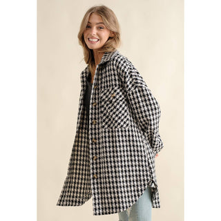 Plaid jacquard oversized button down shacket with chest pockets