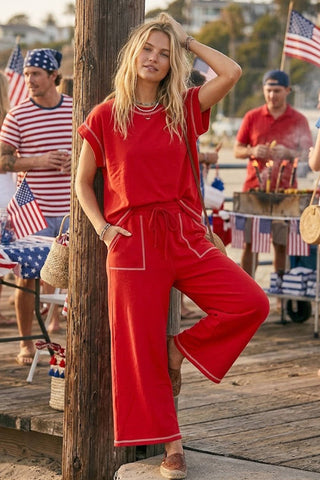 Contrast Stitch Scuba Lounge Set | Wide Leg Two-Piece Set