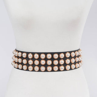 Fifth Avenue pearl studded waist belt in Midnight Pearl black
