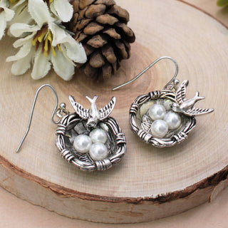 Nesting Bird & Pearl Vintage Silver Drop Earrings