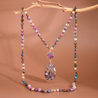 Hey Beautiful – Purple Stone Beaded Long Necklace with Statement Pendant – Boho Multi-Color Layering Necklace