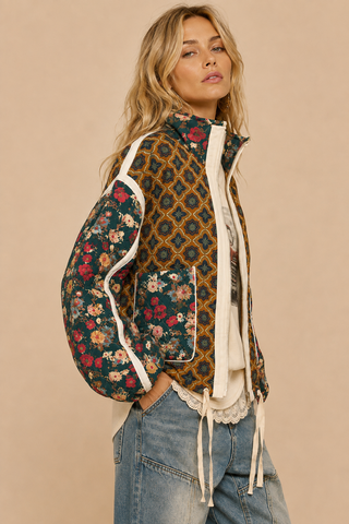 Front Porch Patchwork Bomber side view showing billowy elastic-cuff sleeves