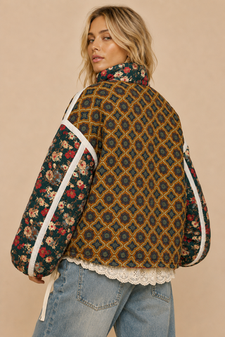 Front Porch Patchwork Bomber back view with floral sleeves and drawstring hem