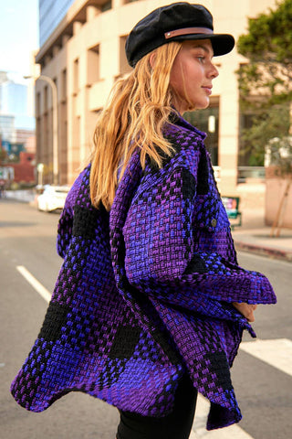 Side view of oversized purple and black check jacket