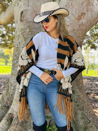 Apple Orchard Floral Stripe Fringe Ruana