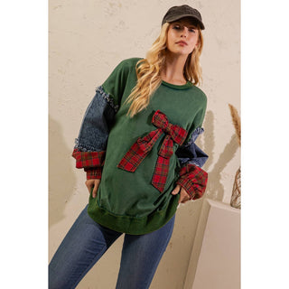 Green plaid bow pullover with denim and plaid patchwork sleeves