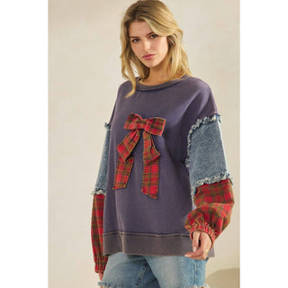 Green plaid bow pullover with denim and plaid patchwork sleeves