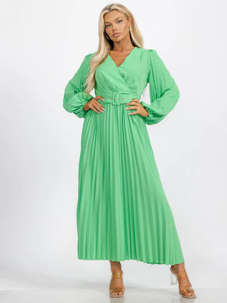 Emerald Elegance Pleated Belted Maxi Dress – Milk & Honey