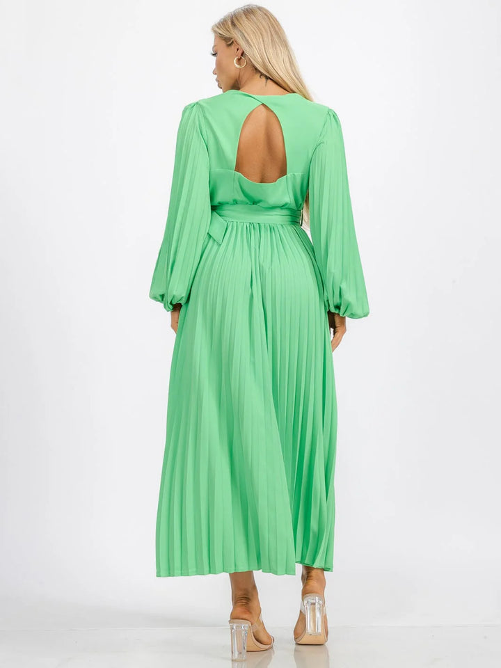 Emerald Elegance Pleated Belted Maxi Dress – Milk & Honey