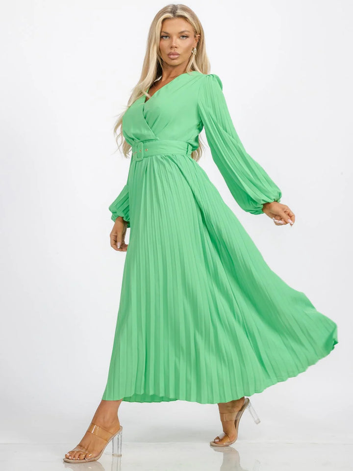Emerald Elegance Pleated Belted Maxi Dress – Milk & Honey