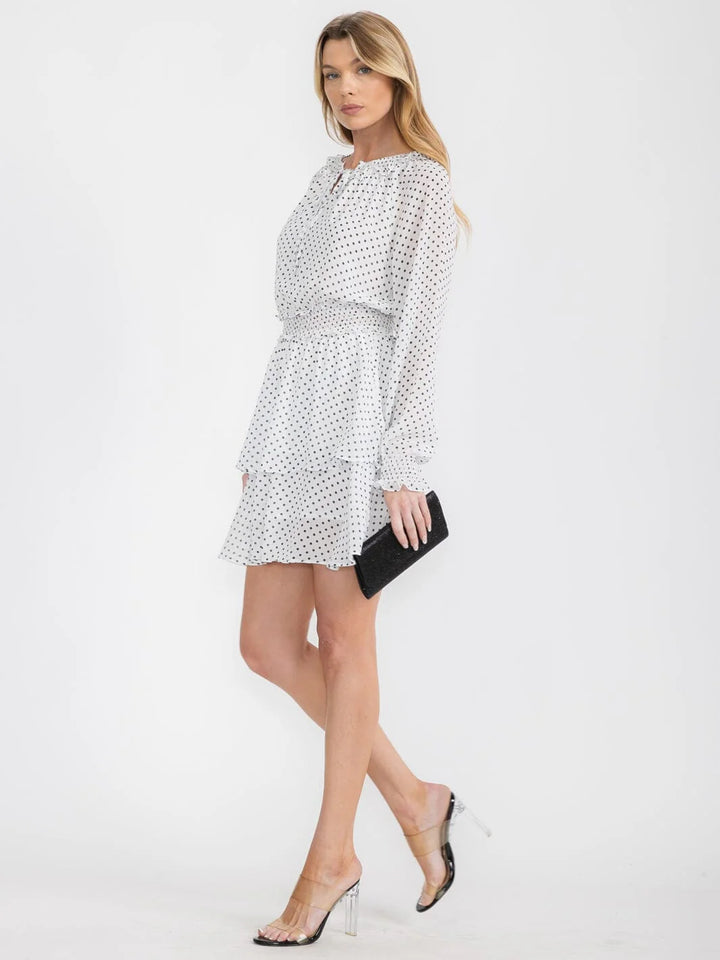 Macaron Swiss Dot Ruffle Neck Mini Dress – White with Black Polka Dots