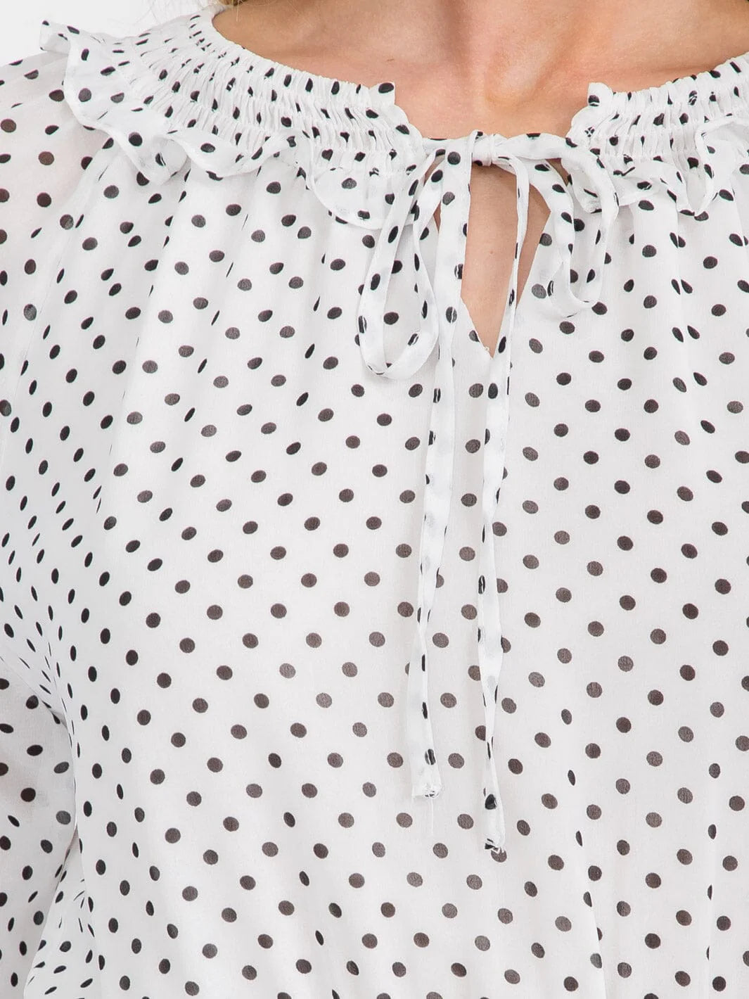 Macaron Swiss Dot Ruffle Neck Mini Dress – White with Black Polka Dots