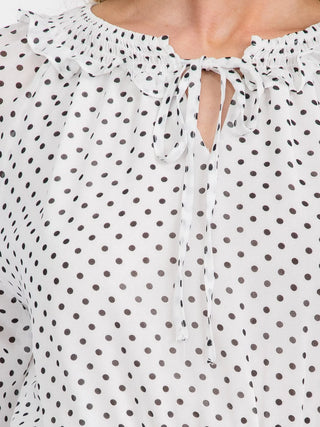 Macaron Swiss Dot Ruffle Neck Mini Dress – White with Black Polka Dots
