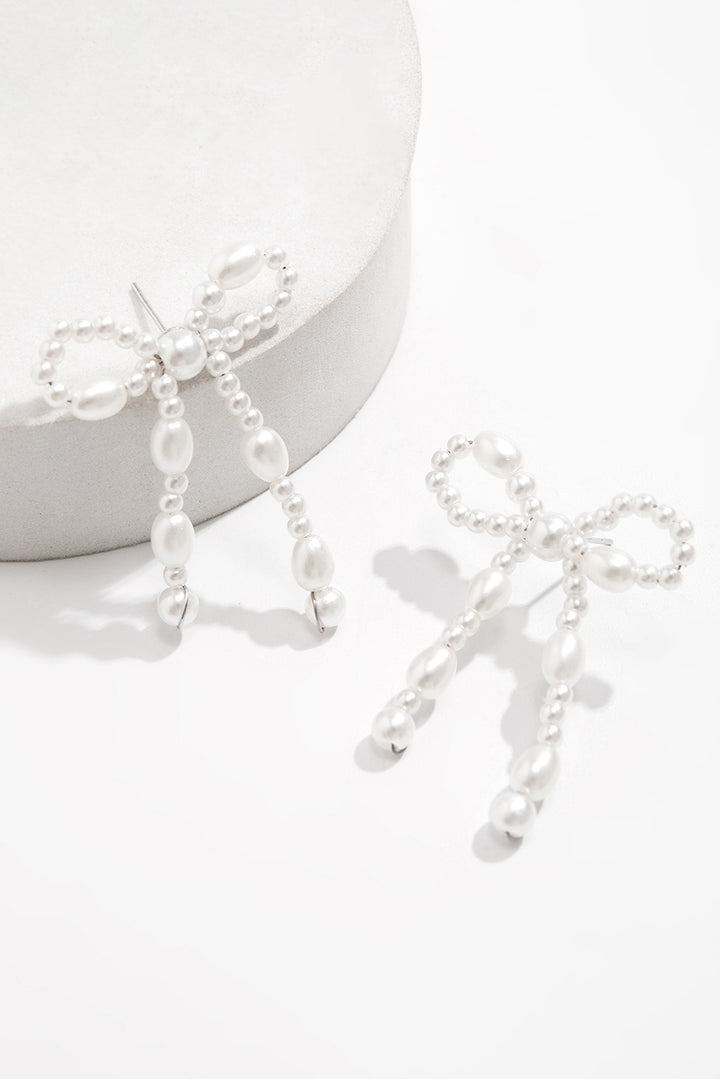 White Faux Pearl Beaded Bows Pierced Earrings