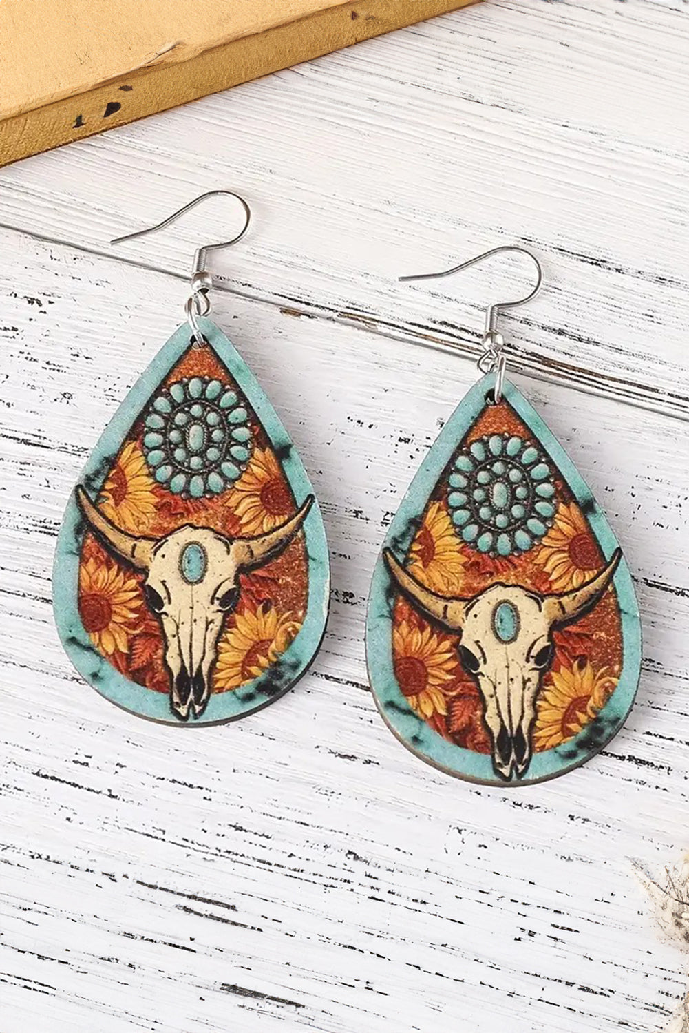 Western Cow Skull Wooden Drop Earrings