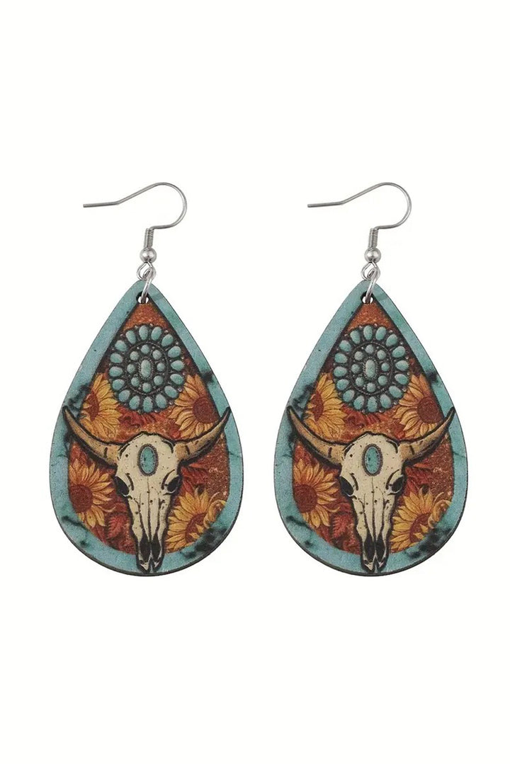 Western Cow Skull Wooden Drop Earrings