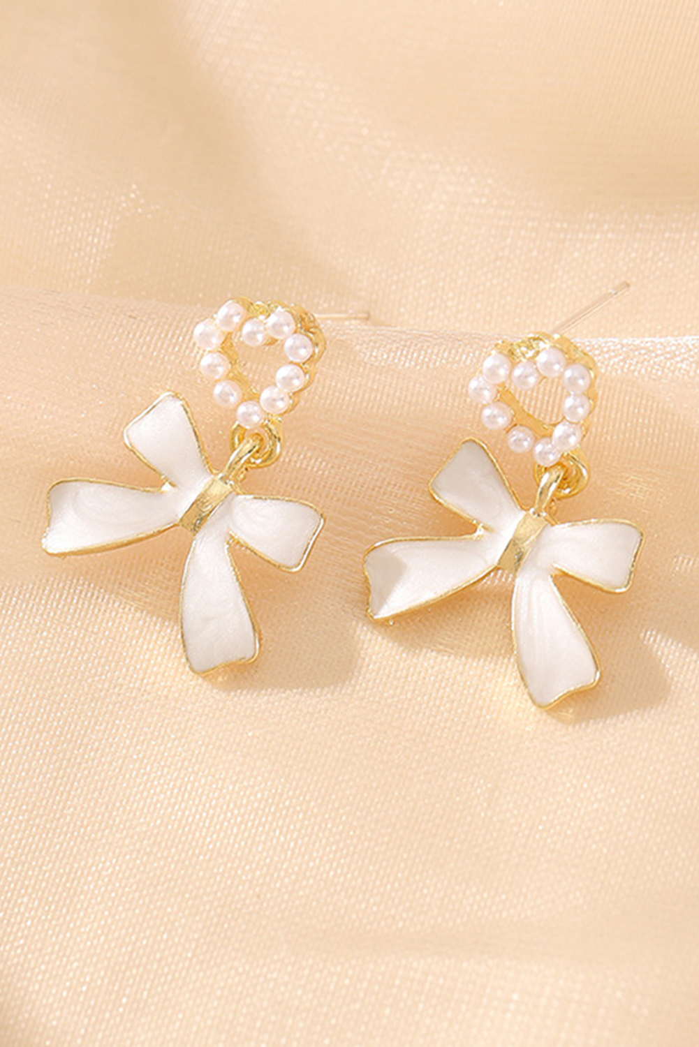 Gold Tone Faux Pearl Heart and White Enamel Bow Pendant Pierced Earrings