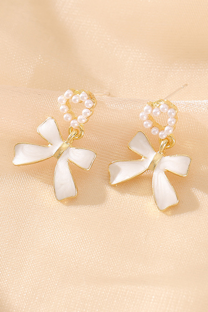 Gold Tone Faux Pearl Heart and White Enamel Bow Pendant Pierced Earrings