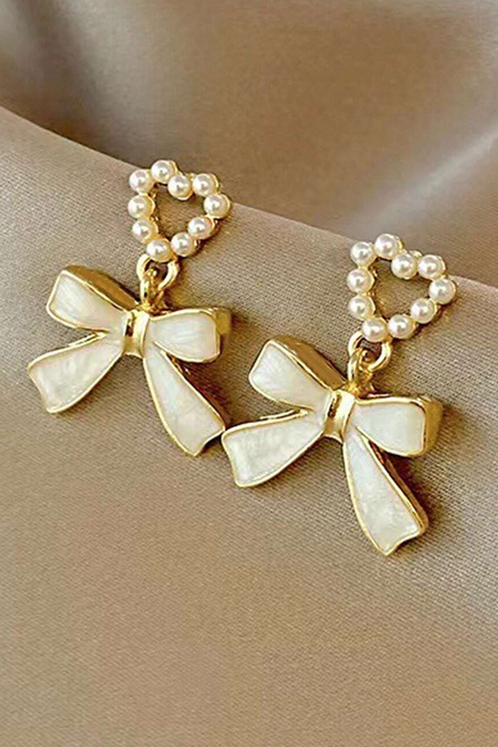 Gold Tone Faux Pearl Heart and White Enamel Bow Pendant Pierced Earrings