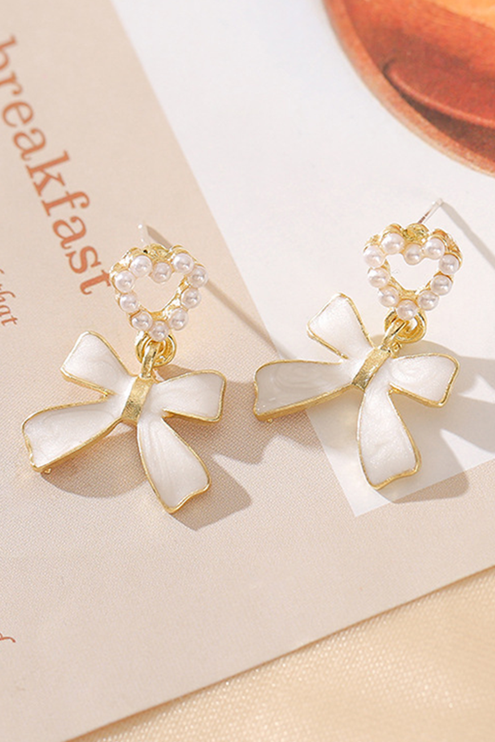 Gold Tone Faux Pearl Heart and White Enamel Bow Pendant Pierced Earrings