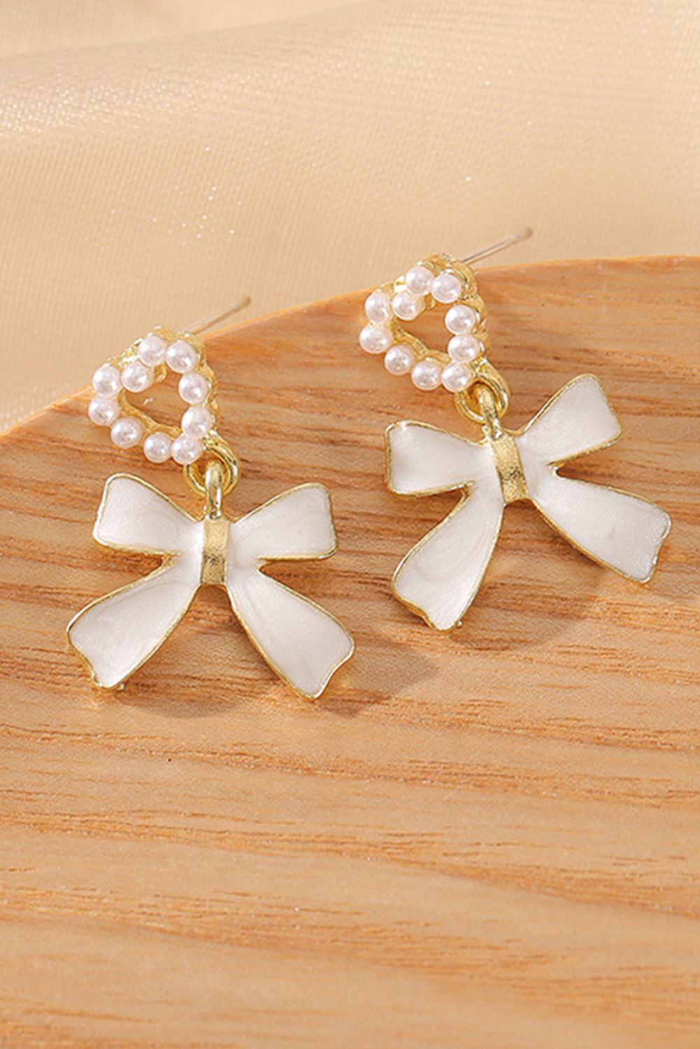 Gold Tone Faux Pearl Heart and White Enamel Bow Pendant Pierced Earrings