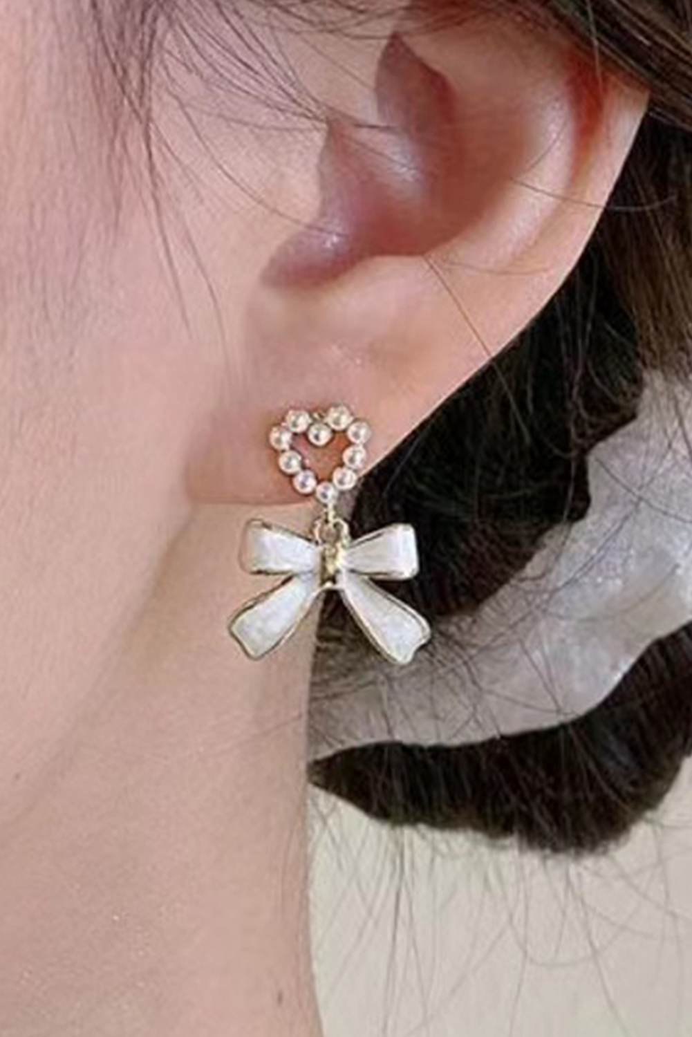 Gold Tone Faux Pearl Heart and White Enamel Bow Pendant Pierced Earrings