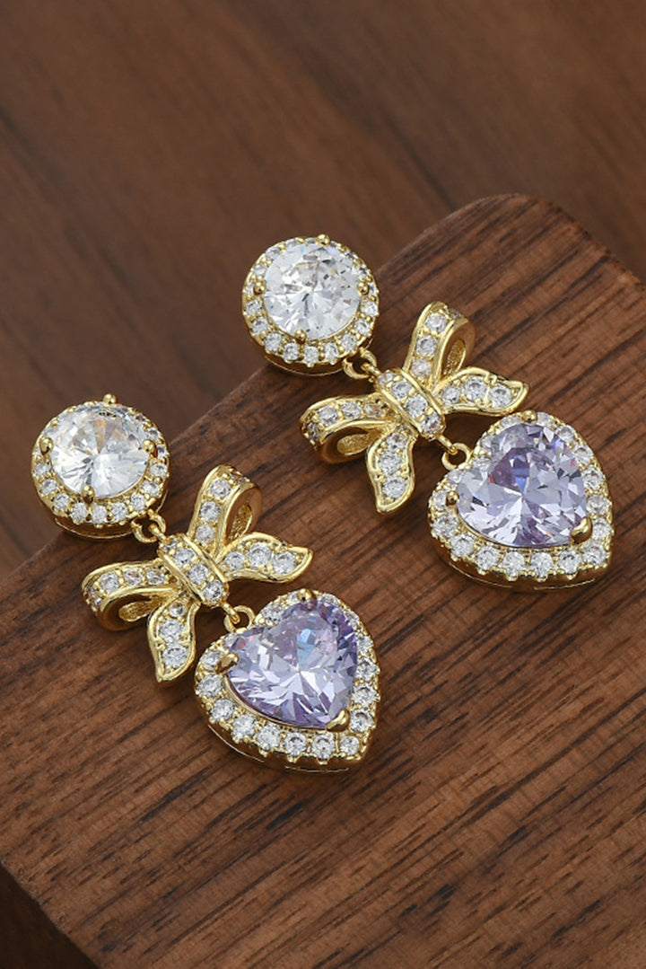 Gold Plated Rhinestone Bows & Faux Purple Heart Gemstone Sparkly Dangle Pierced Earrings