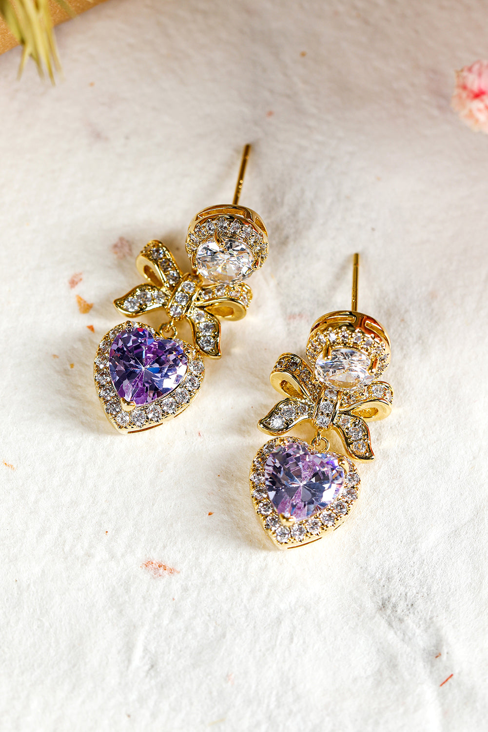 Gold Plated Rhinestone Bows & Faux Purple Heart Gemstone Sparkly Dangle Pierced Earrings